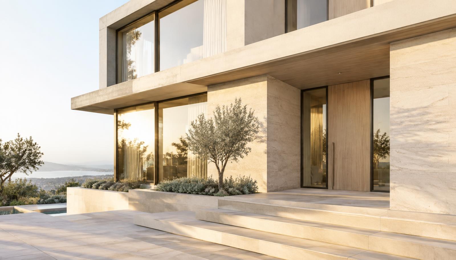 Architecture contemporaine en pierre claire, lumière du matin
