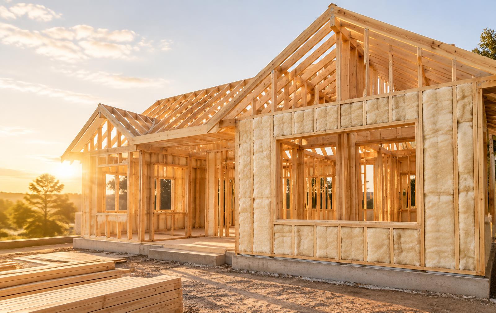 Chantier de maison à ossature bois en lumière dorée