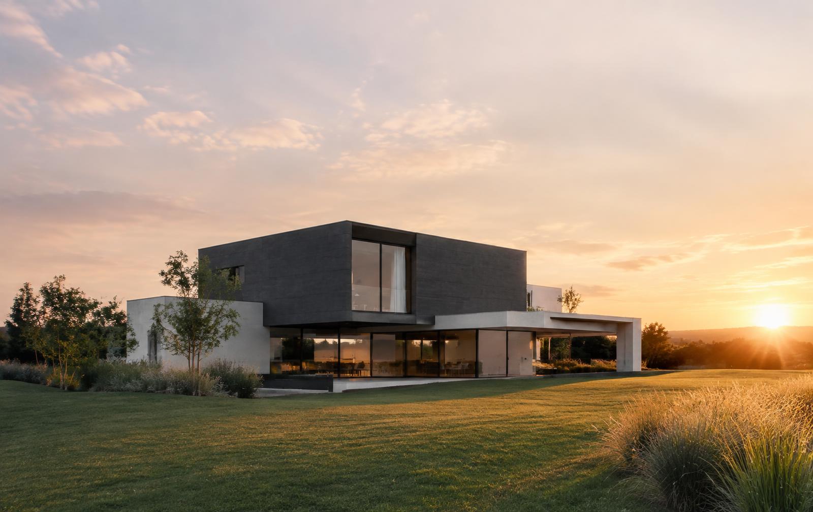 Maison contemporaine sur son terrain au coucher du soleil